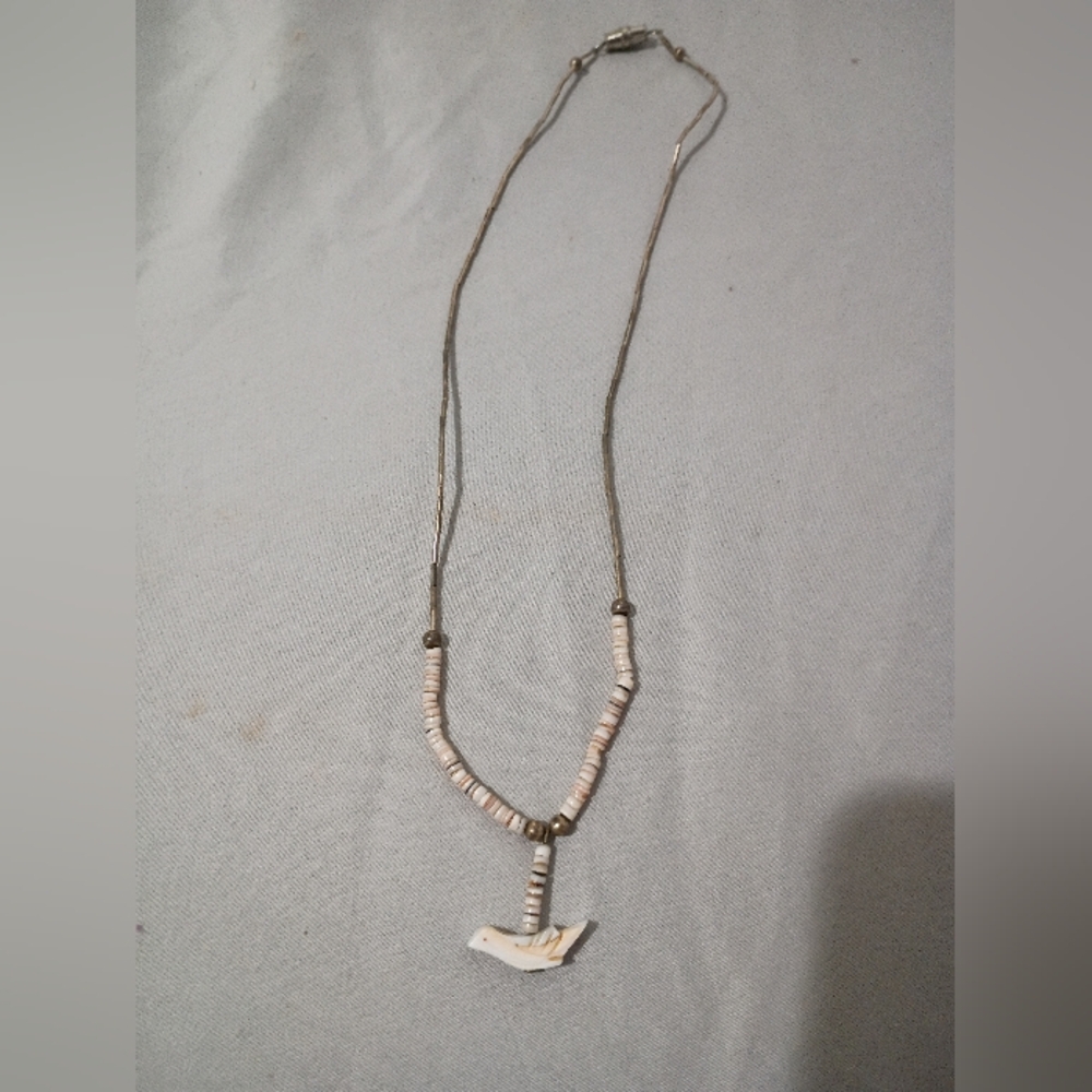 Vintage Carved Shell Bird Heishi Bead Necklace